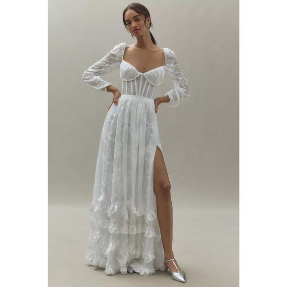 V. Chapman Carmella Long-Sleeve Ruffled Chiffon Maxi Dress - Picture 1 of 15